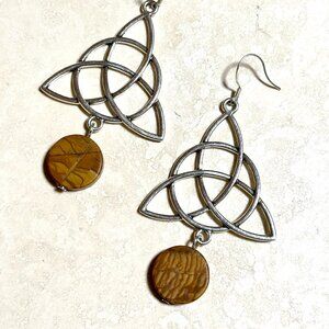 2/$20, Earthy Petrified Wood Jasper Celtic Trinity Sterling Silver Earrings